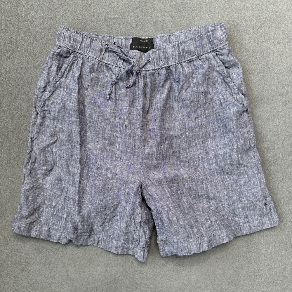 Tahari Linen Shorts Womens Small Blue Drawstring Pull‎ On Summer Casual Coastal